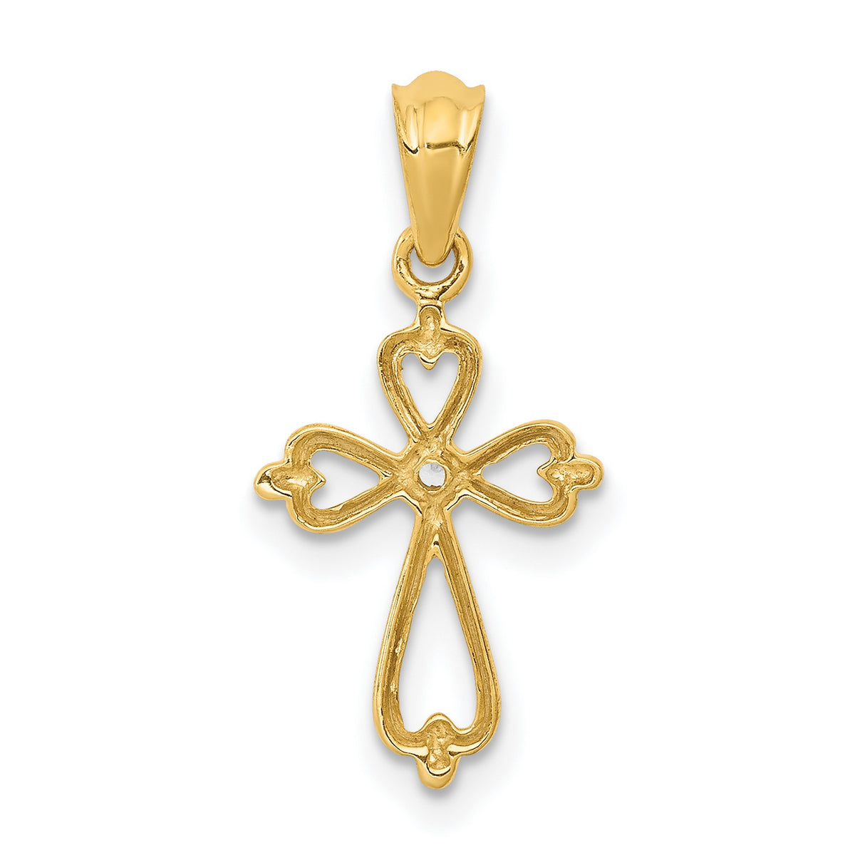 14k Yellow Gold Cross Pendant with Diamond Accent, Heart Design, Polished Spiritual Charm