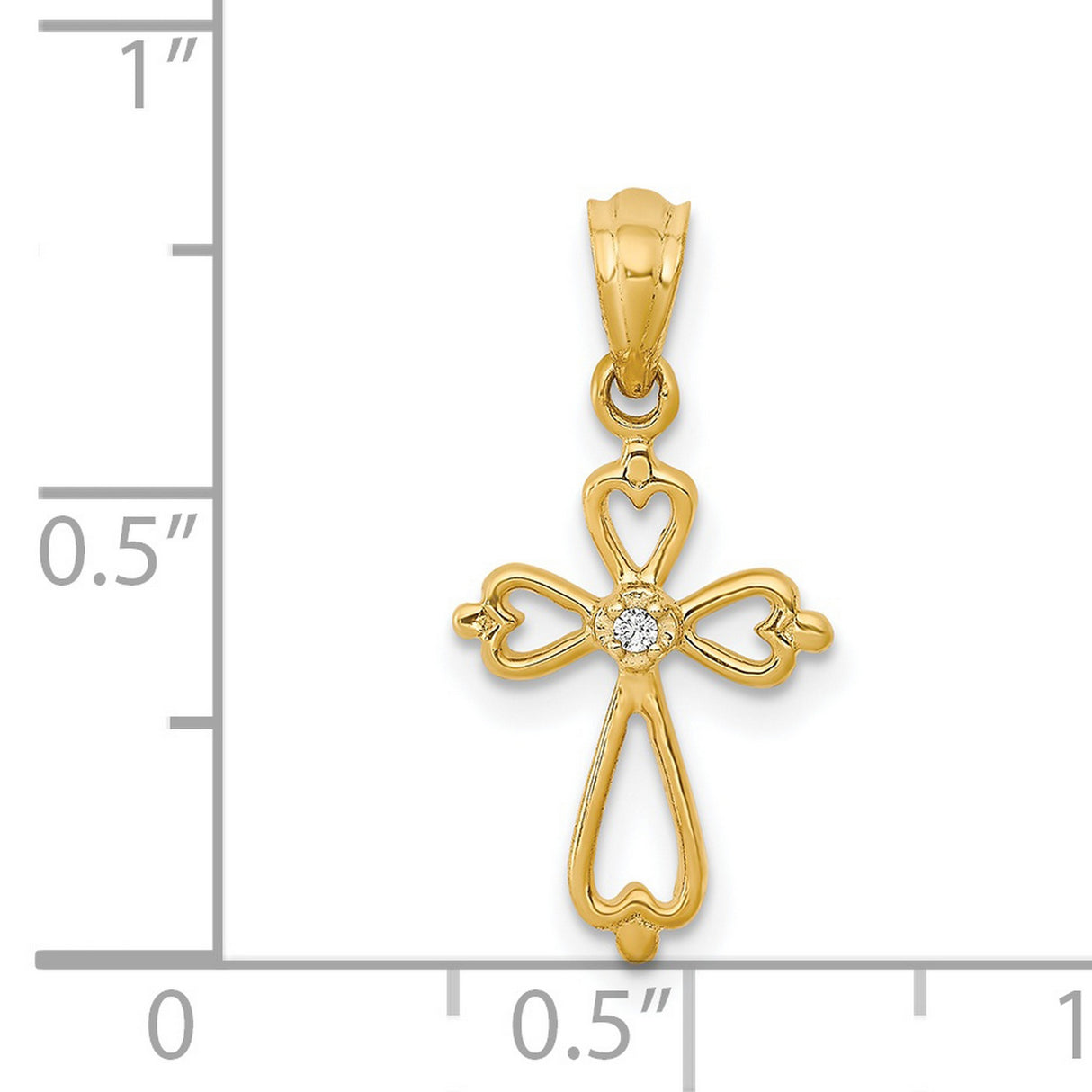 14k Yellow Gold Cross Pendant with Diamond Accent, Heart Design, Polished Spiritual Charm