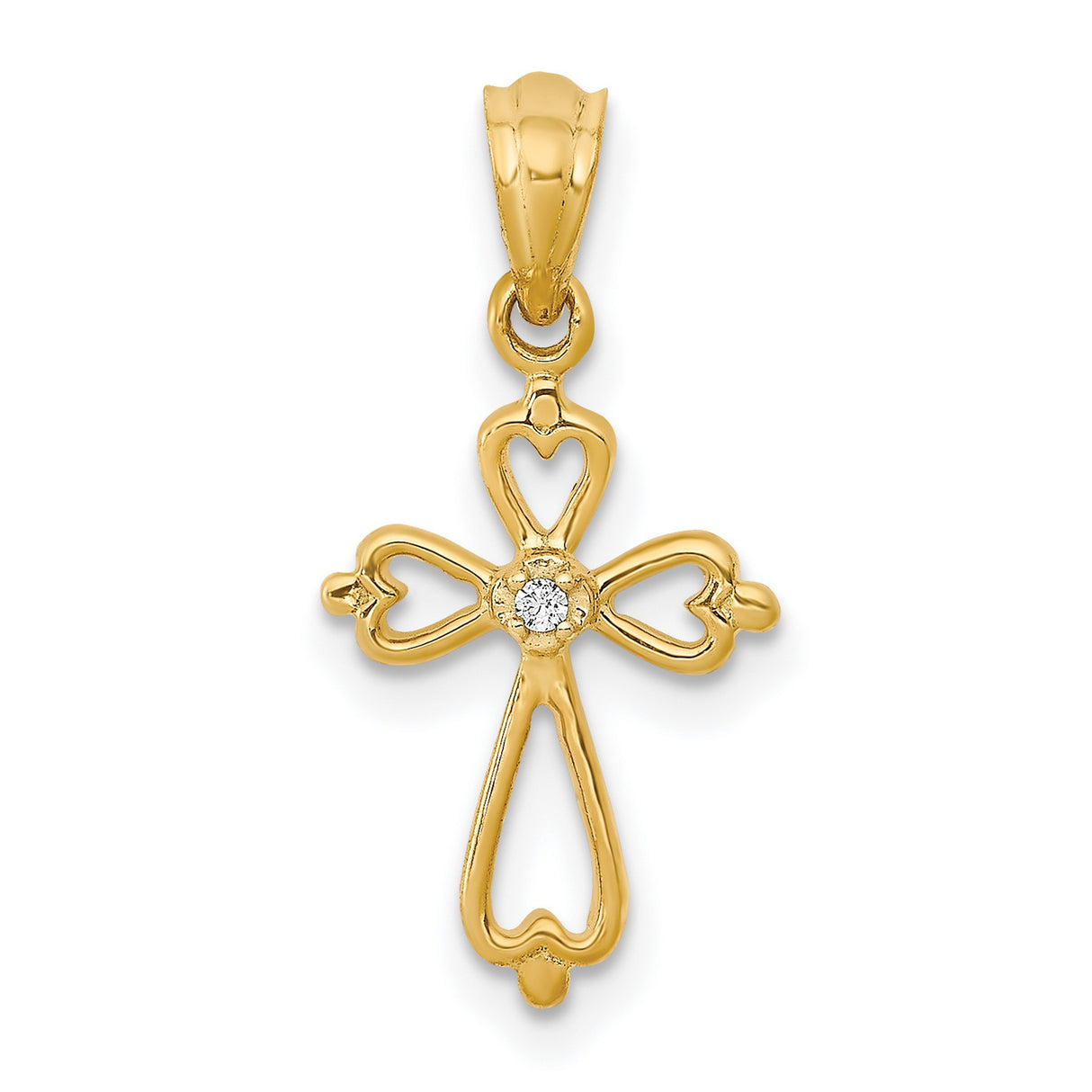 14k Yellow Gold Cross Pendant with Diamond Accent, Heart Design, Polished Spiritual Charm
