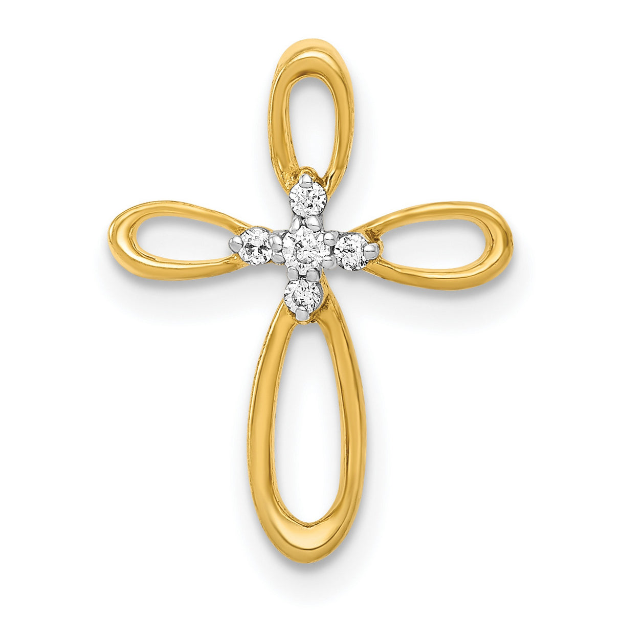 14k Yellow Gold Cross Pendant with Diamonds, Openwork Design and Chain Slide