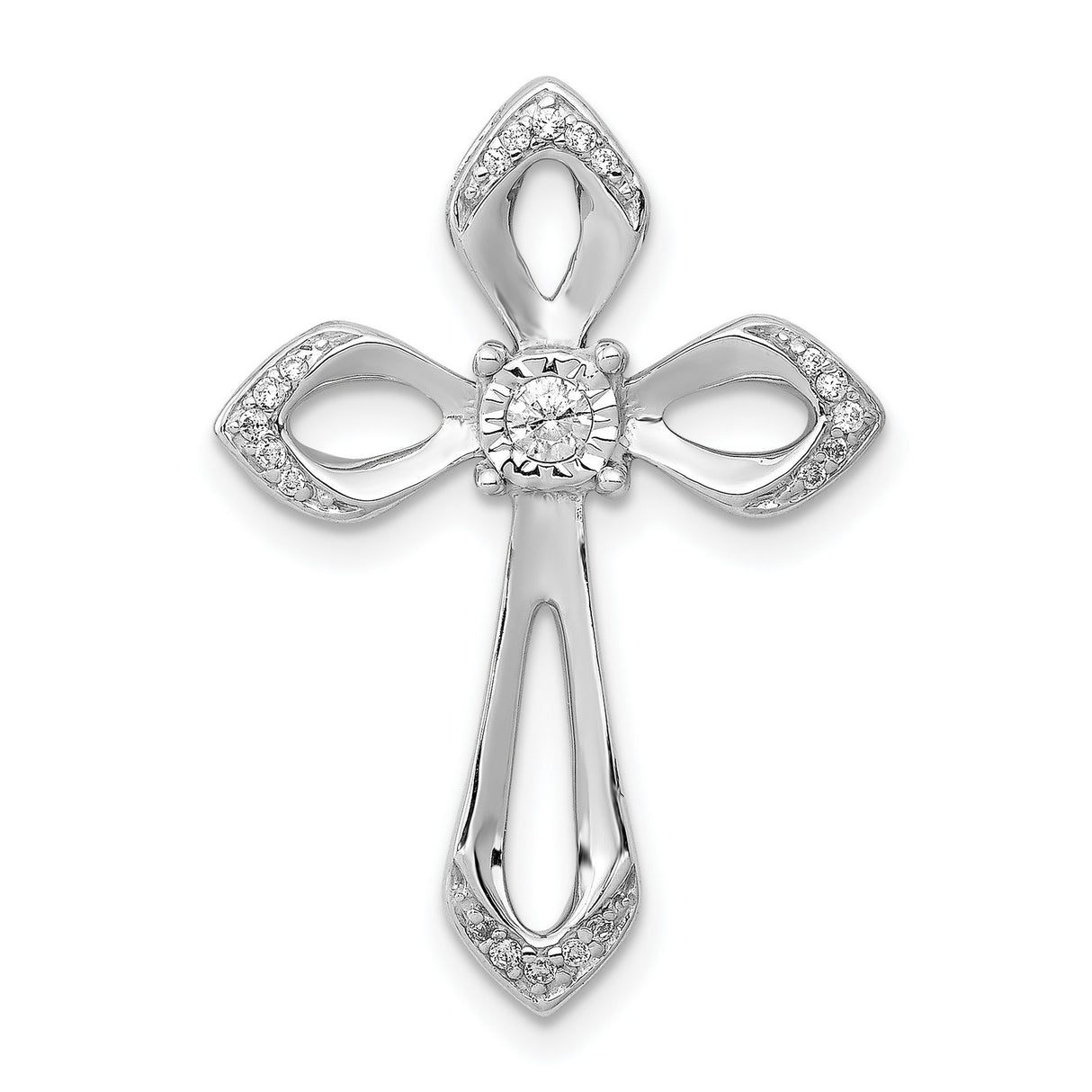 14k White Gold Cross Pendant with Diamond Accents, Sliding Chain Design, Modern Religious Style