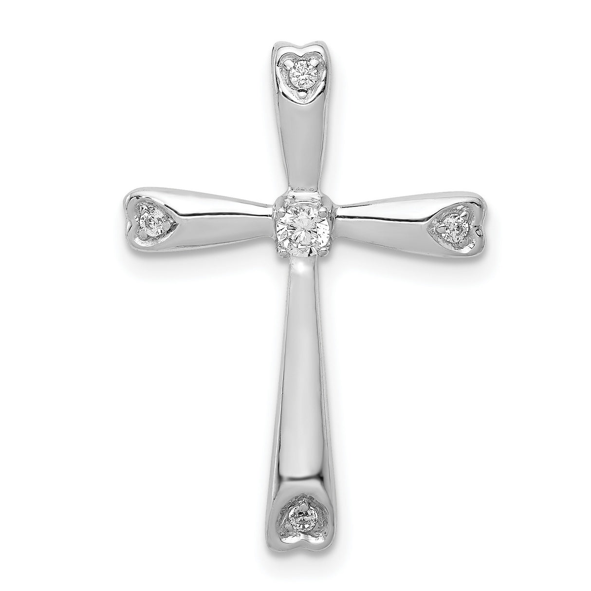 14k White Gold Diamond Cross Pendant with Heart Detail, Sleek Modern Design for Men and Women