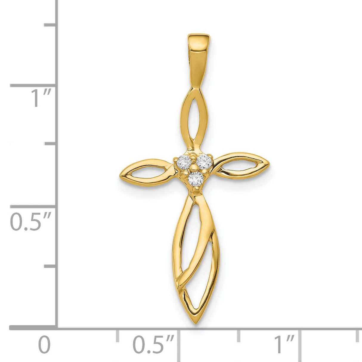 10k Yellow Gold Cross Pendant with Diamond Accents, Leaf Design and Openwork Detail
