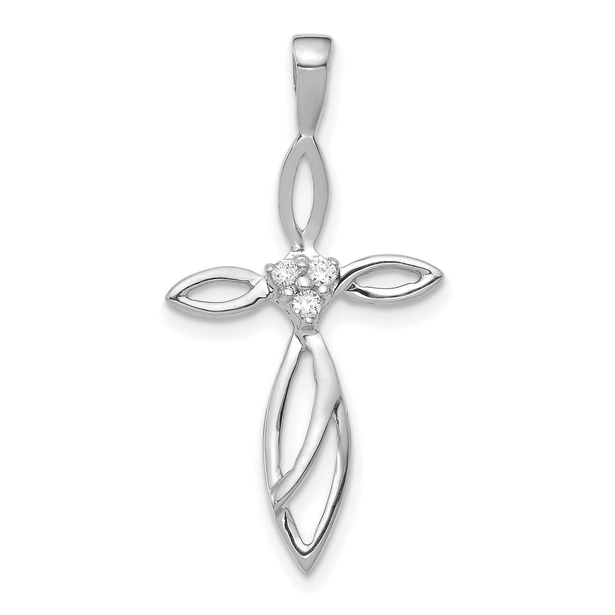 14k White Gold Cross Pendant with Diamond Accent, Modern Openwork Design for Men and Women
