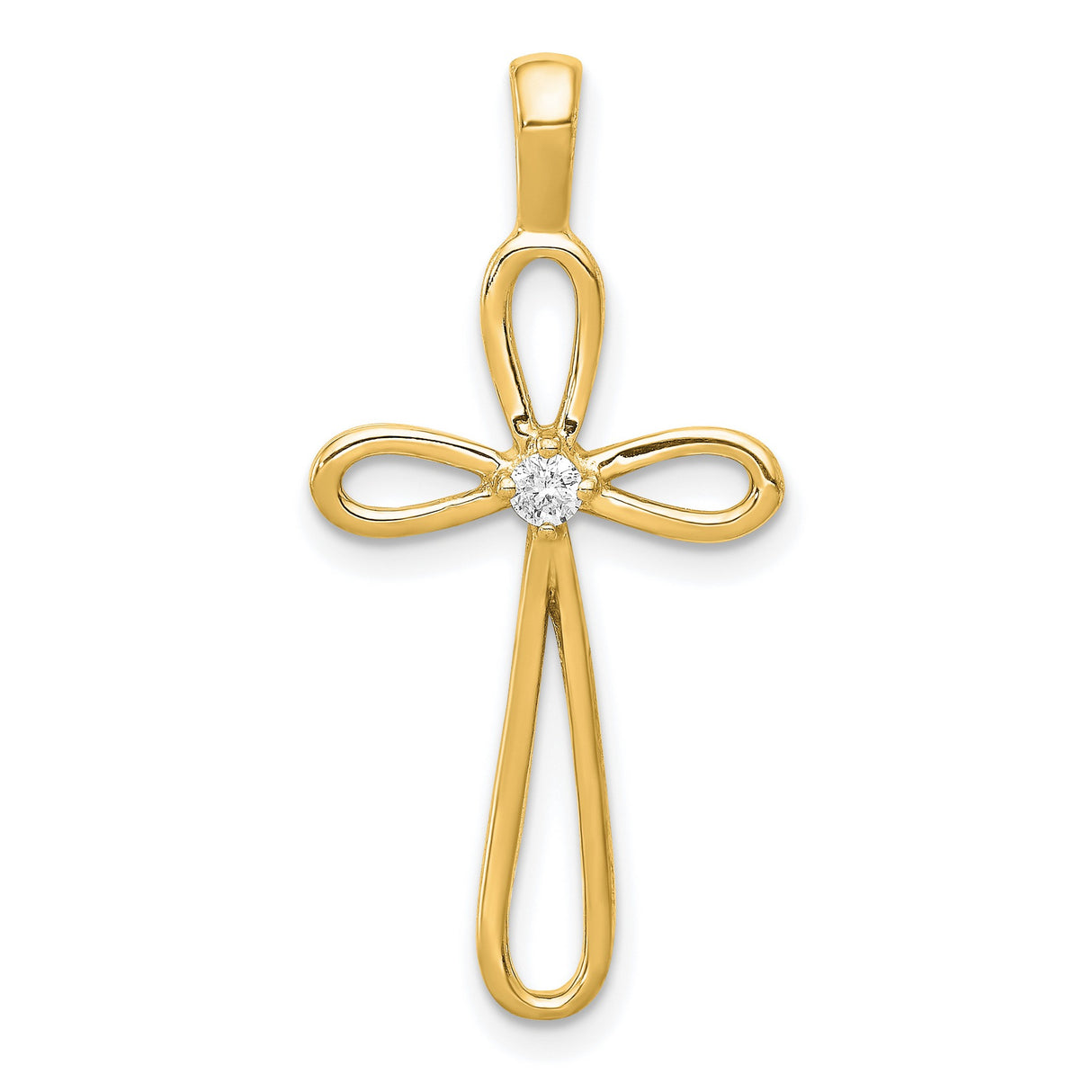 14k Yellow Gold Cross Pendant with Diamond Accent, Looped Heart Knot Design
