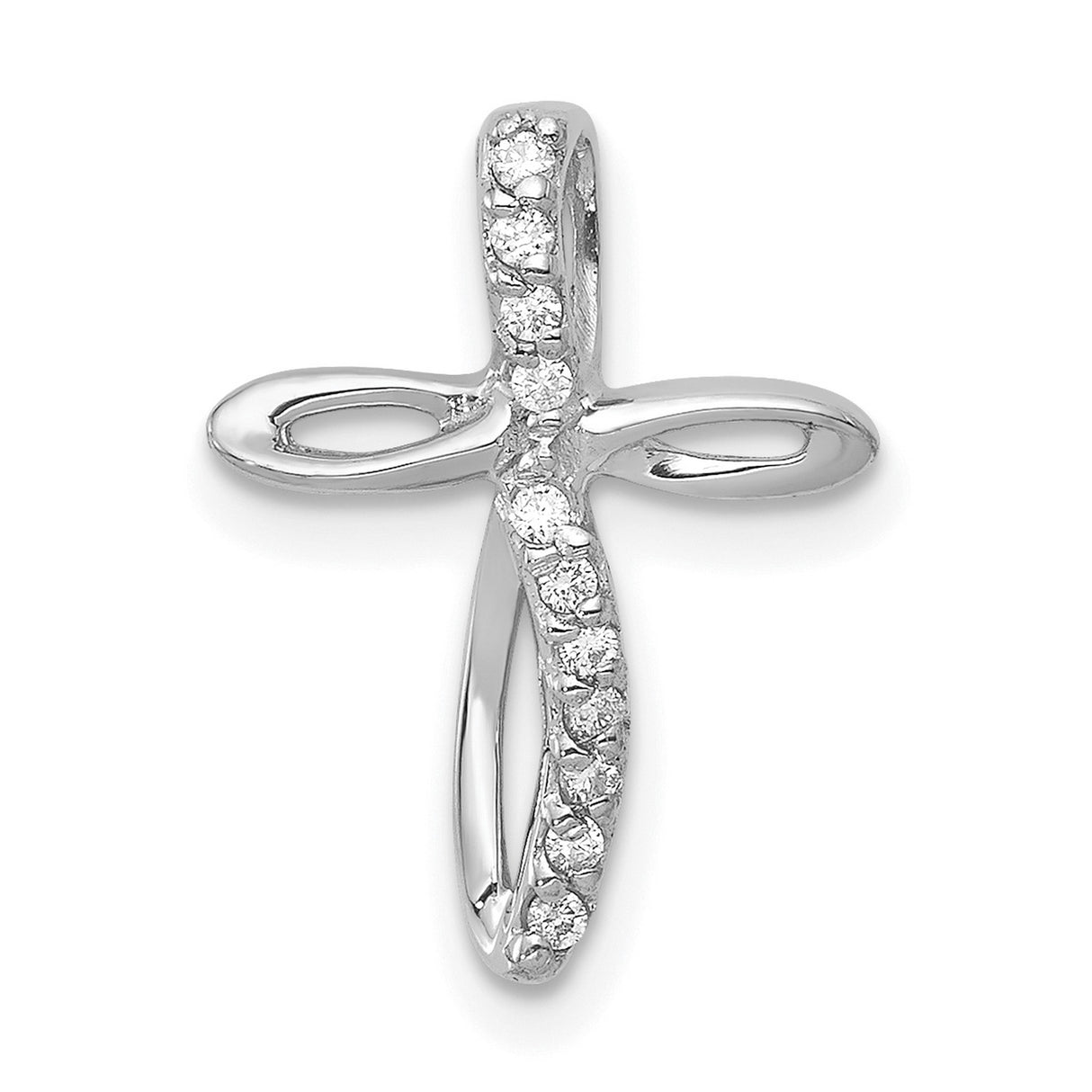 14k White Gold Cross Pendant with Diamond Accent, Modern Curved Openwork Design