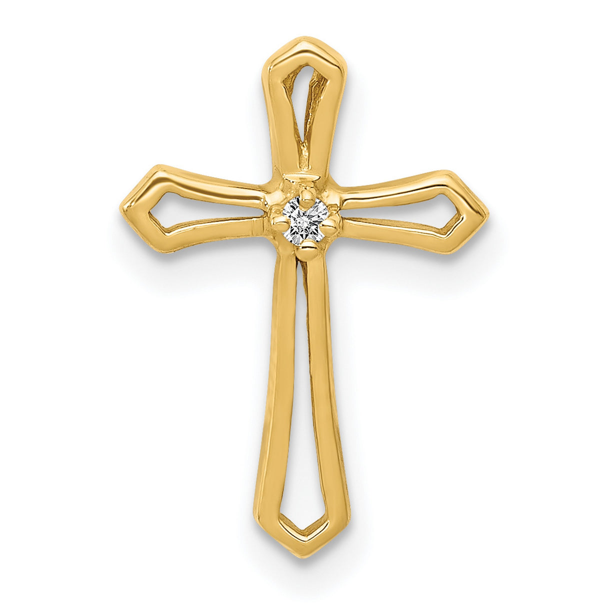 14k Yellow Gold Cross Pendant with Diamond Accent, Modern Cutout Design, Religious Charm