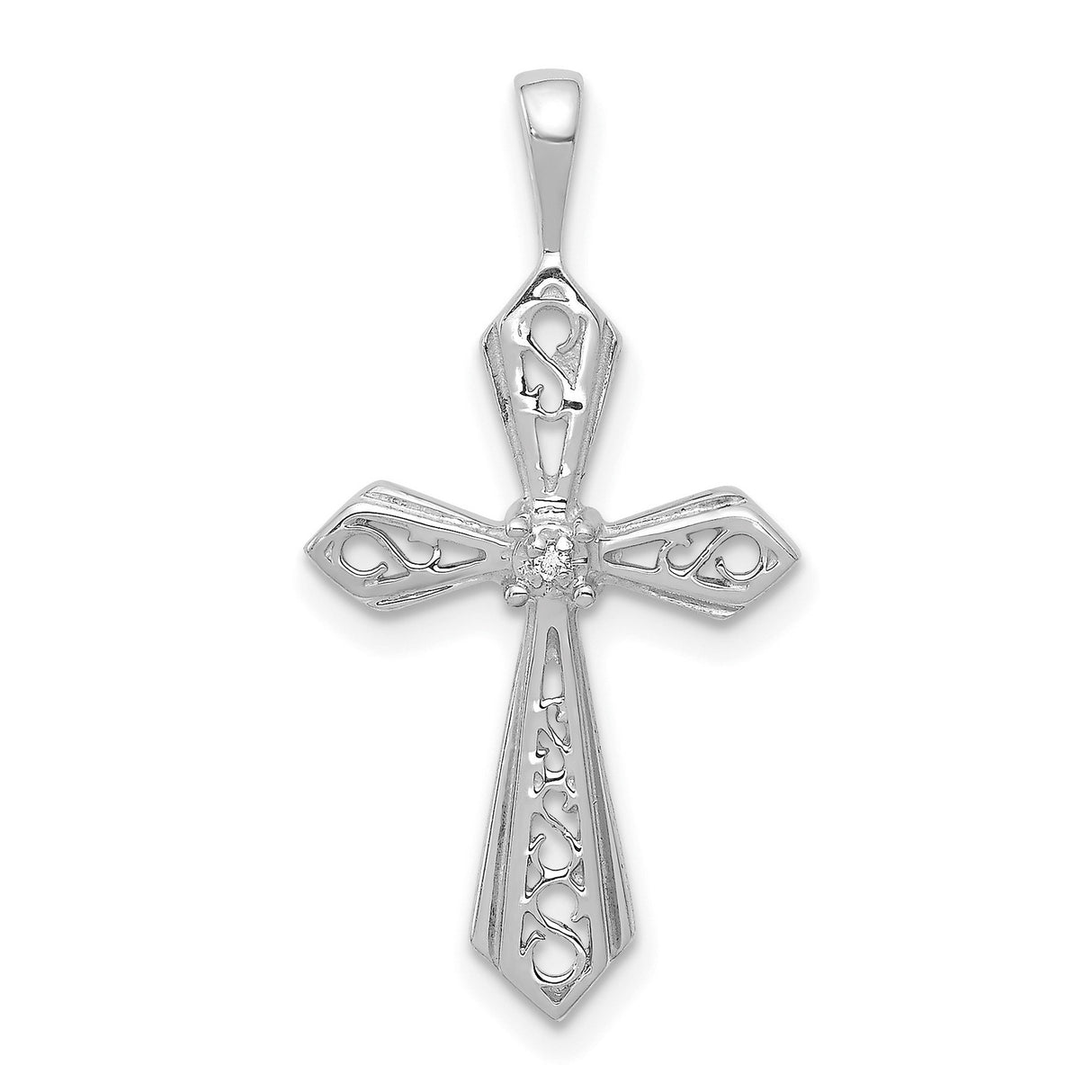 10k White Gold Diamond Cross Pendant with Filigree Design, Unisex Religious Jewelry
