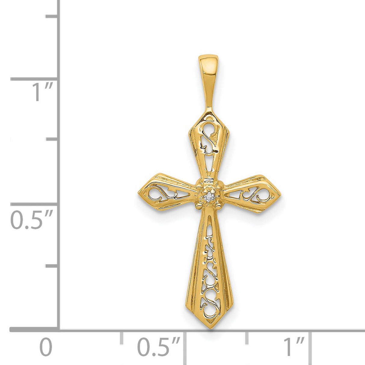 14k Yellow Gold Cross Pendant with Diamond Accents, Filigree Scroll Design, Christian Charm