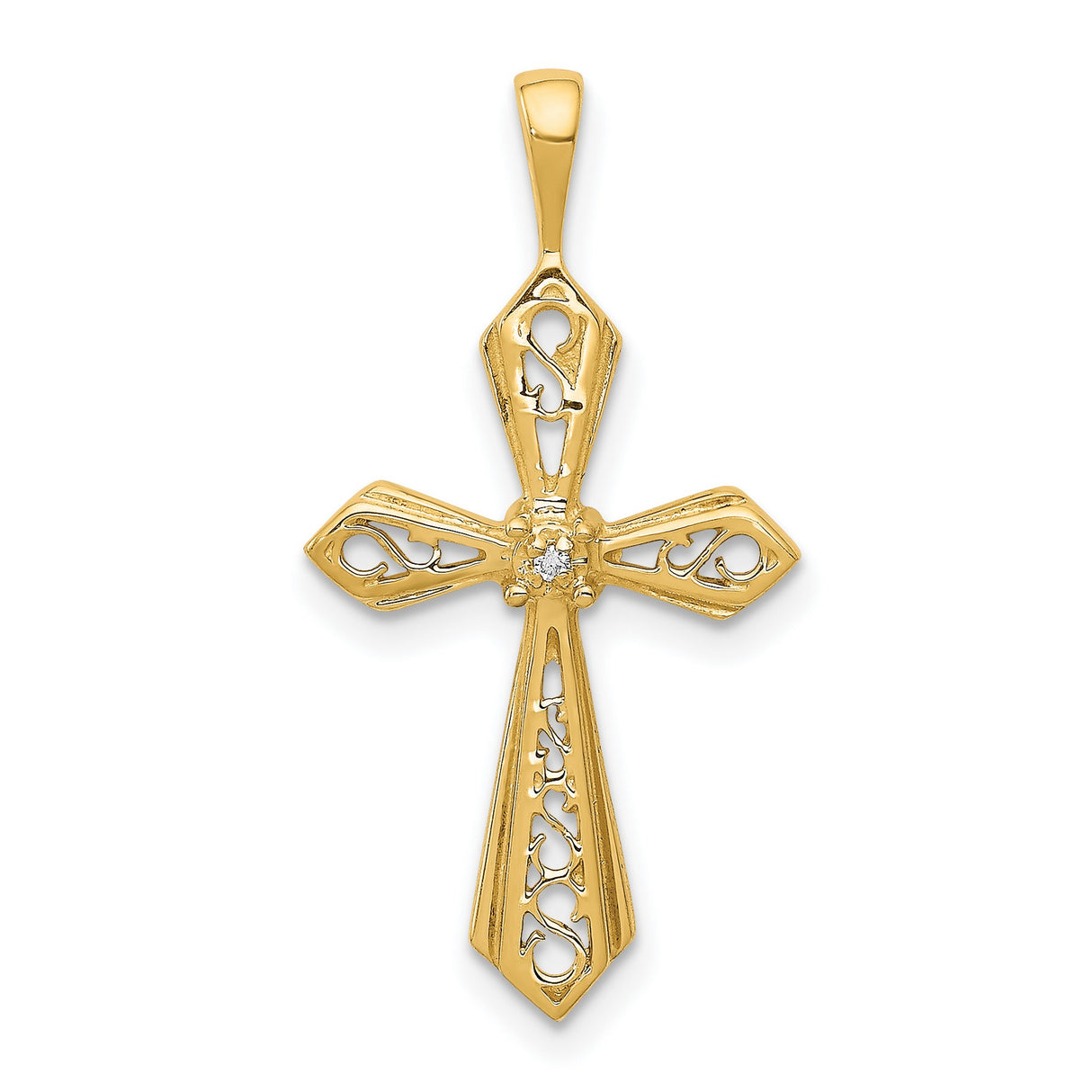 14k Yellow Gold Cross Pendant with Diamond Accents, Filigree Scroll Design, Christian Charm