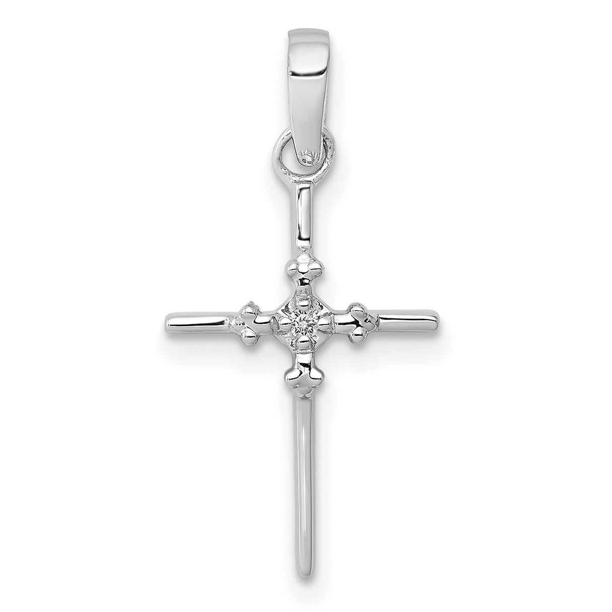 10k White Gold Cross Pendant with Budded Design, Polished Mirror Finish, Unisex Religious Jewelry