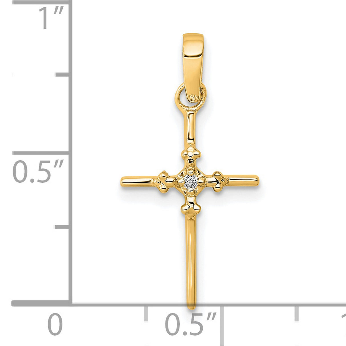14k Yellow Gold Diamond Budded Cross Pendant, Slender Polished Religious Jewelry for Men and Women