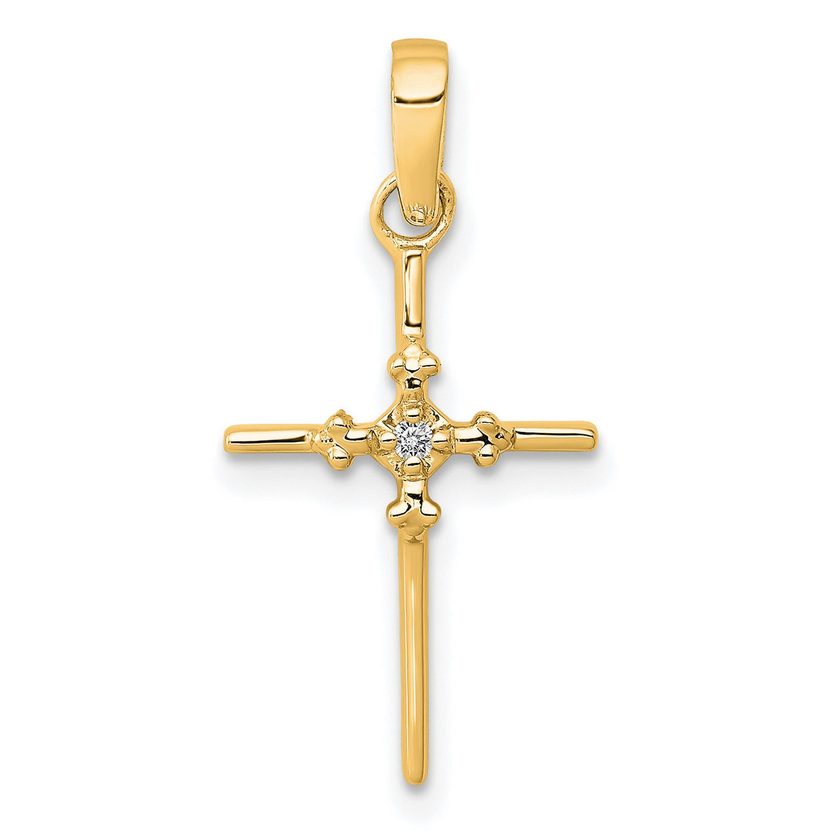 14k Yellow Gold Diamond Budded Cross Pendant, Slender Polished Religious Jewelry for Men and Women