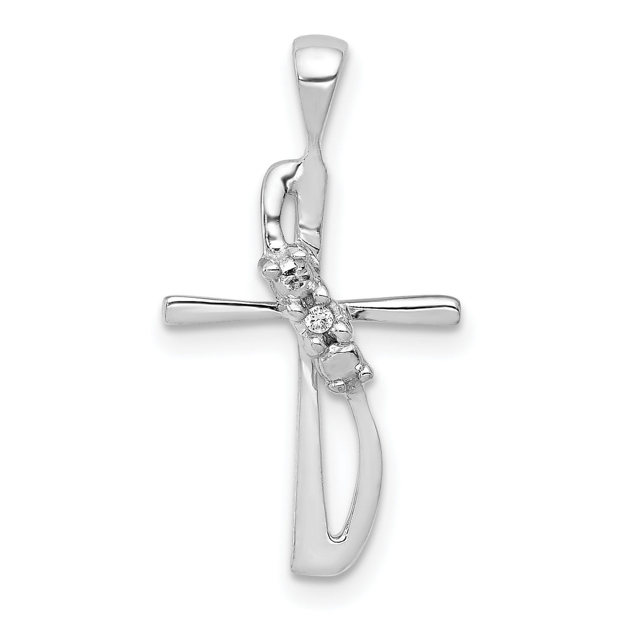 14k White Gold Cross Pendant with Diamond Accent, Modern Asymmetrical Curved Design