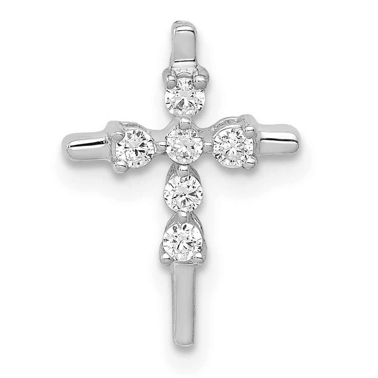 14k White Gold Cross Pendant with Round Diamonds, Prong Set Religious Charm