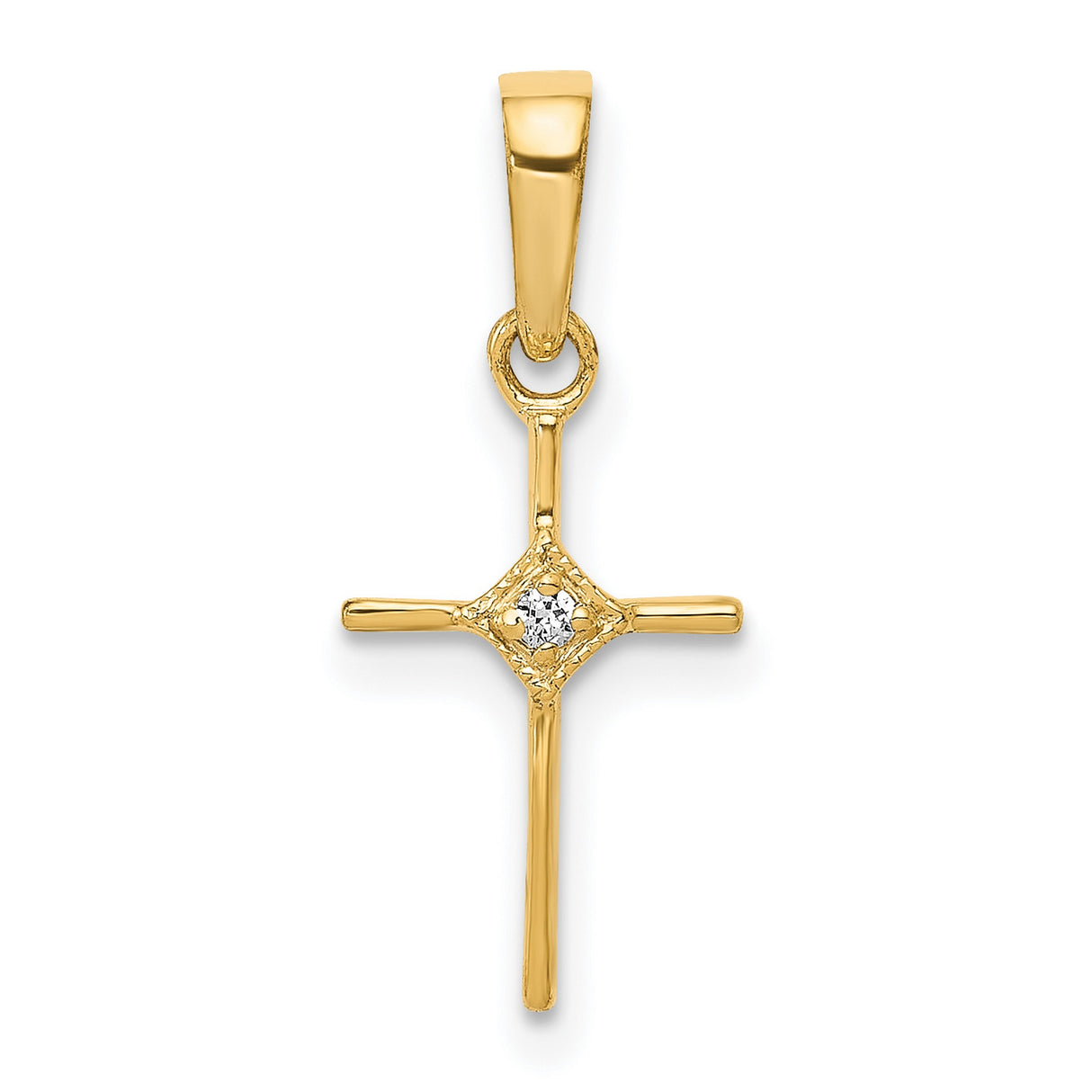 14k Yellow Gold Cross Pendant with Diamond Accent, Polished Minimalist Faith Design