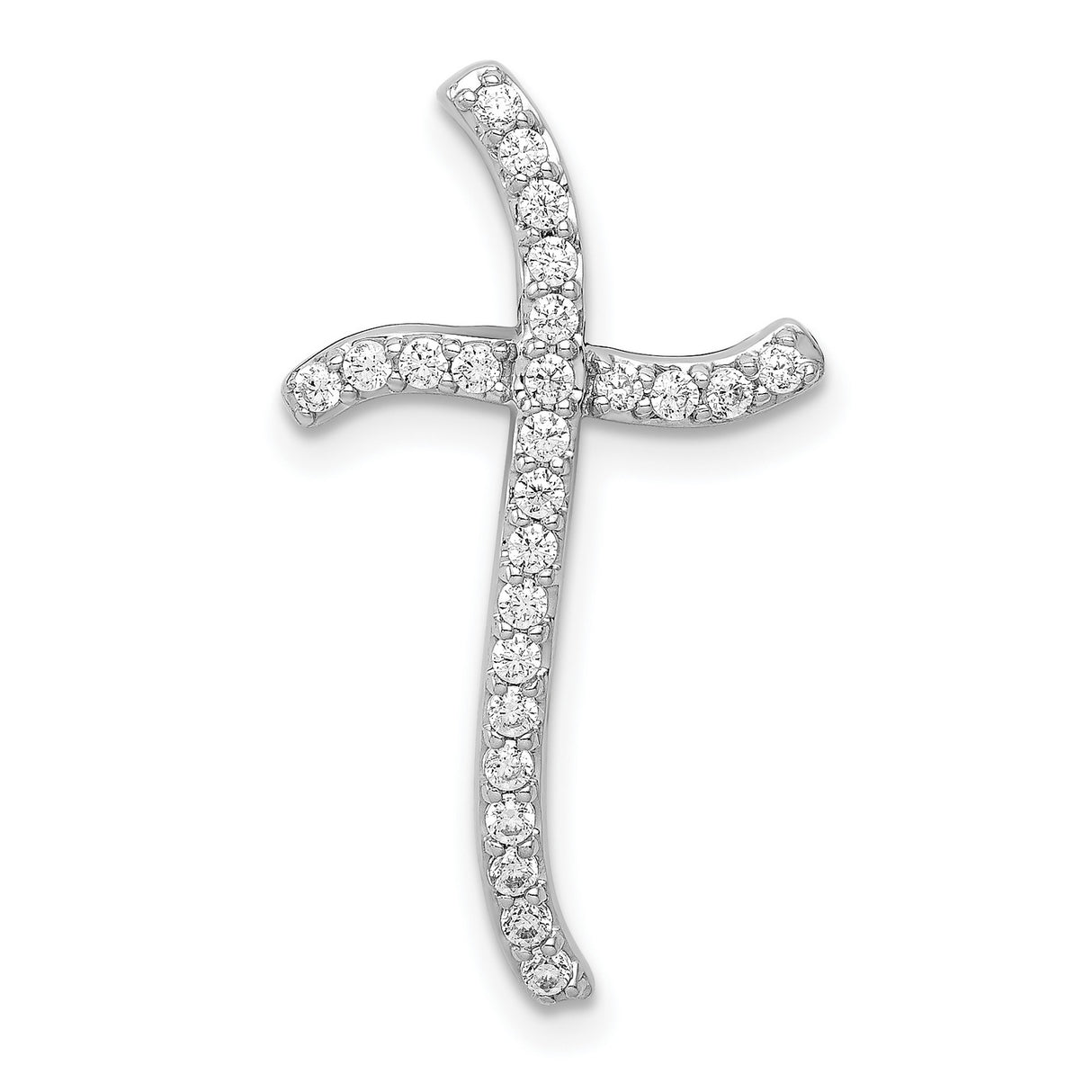 14k White Gold Cross Pendant with Diamond, Curved Slide Design, Modern Spiritual Jewelry