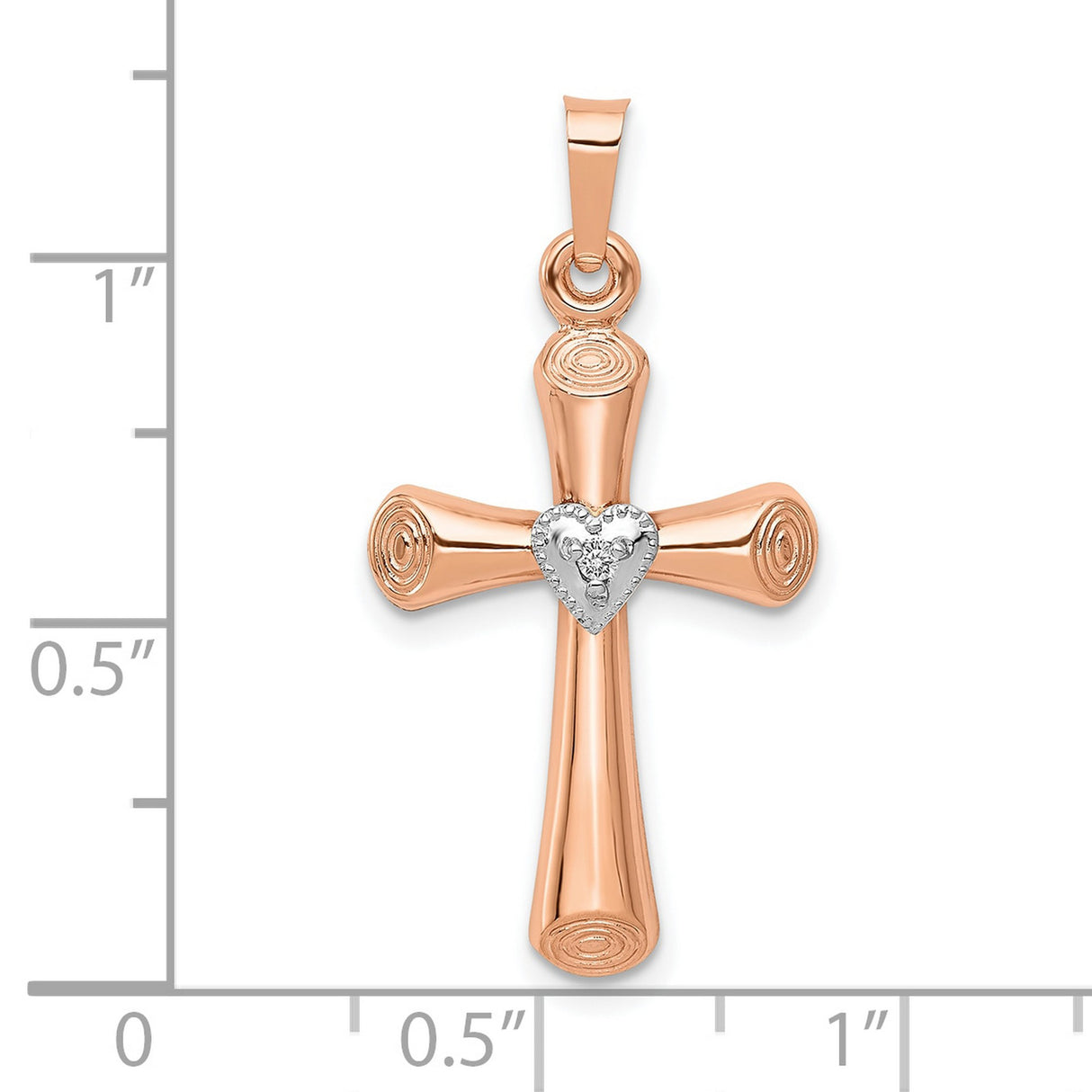 10k Multi-Tone Gold Cross Pendant with Diamond Heart Accent, Barrel Style Christian Design