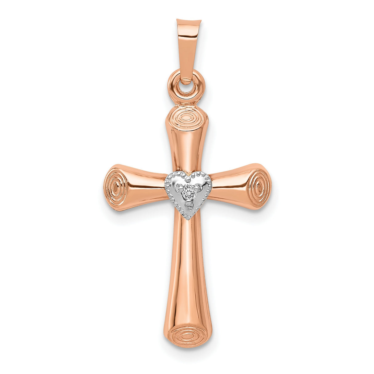 10k Multi-Tone Gold Cross Pendant with Diamond Heart Accent, Barrel Style Christian Design