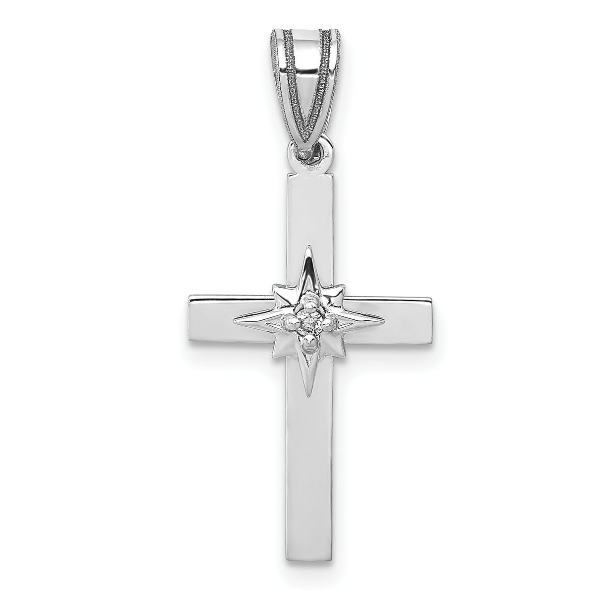 14k White Gold Cross Pendant with Diamond, Polished Unisex Religious Charm