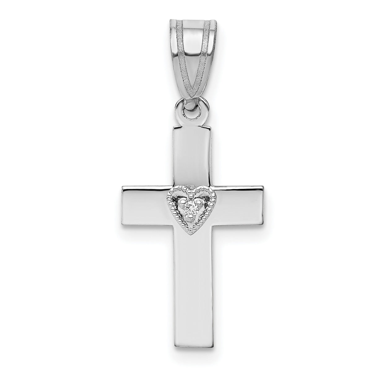 14k White Gold Cross Pendant with Diamond Heart, Modern Religious Charm for Men and Women