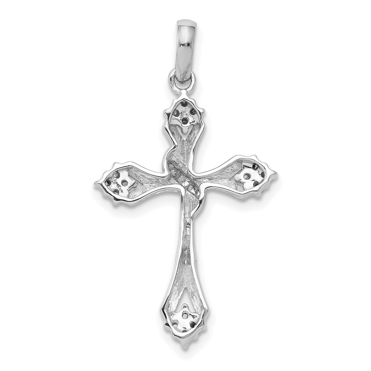 14k White Gold Cross Pendant with Diamond Accents, Twisted Center, Floral Style