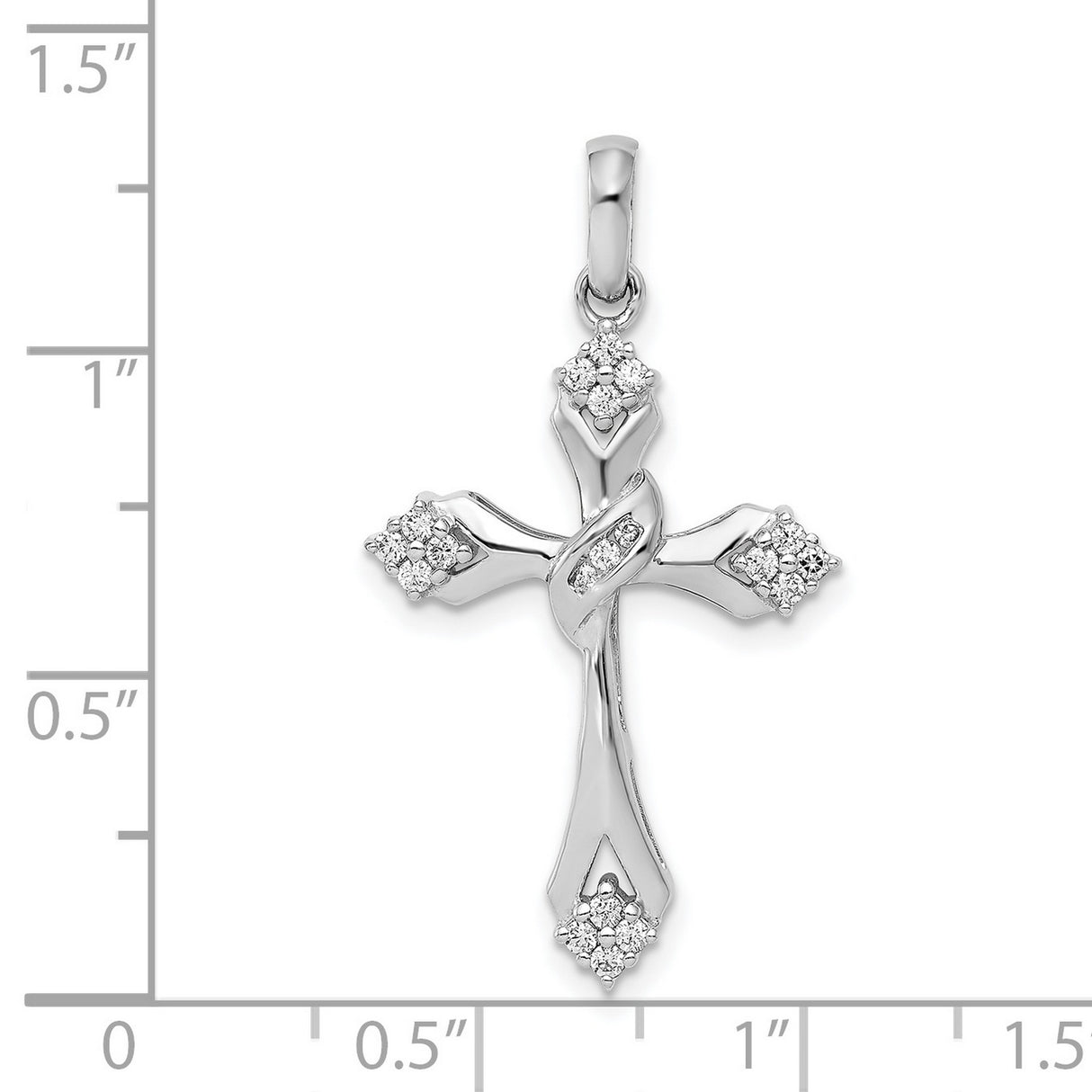 14k White Gold Cross Pendant with Diamond Accents, Twisted Center, Floral Style