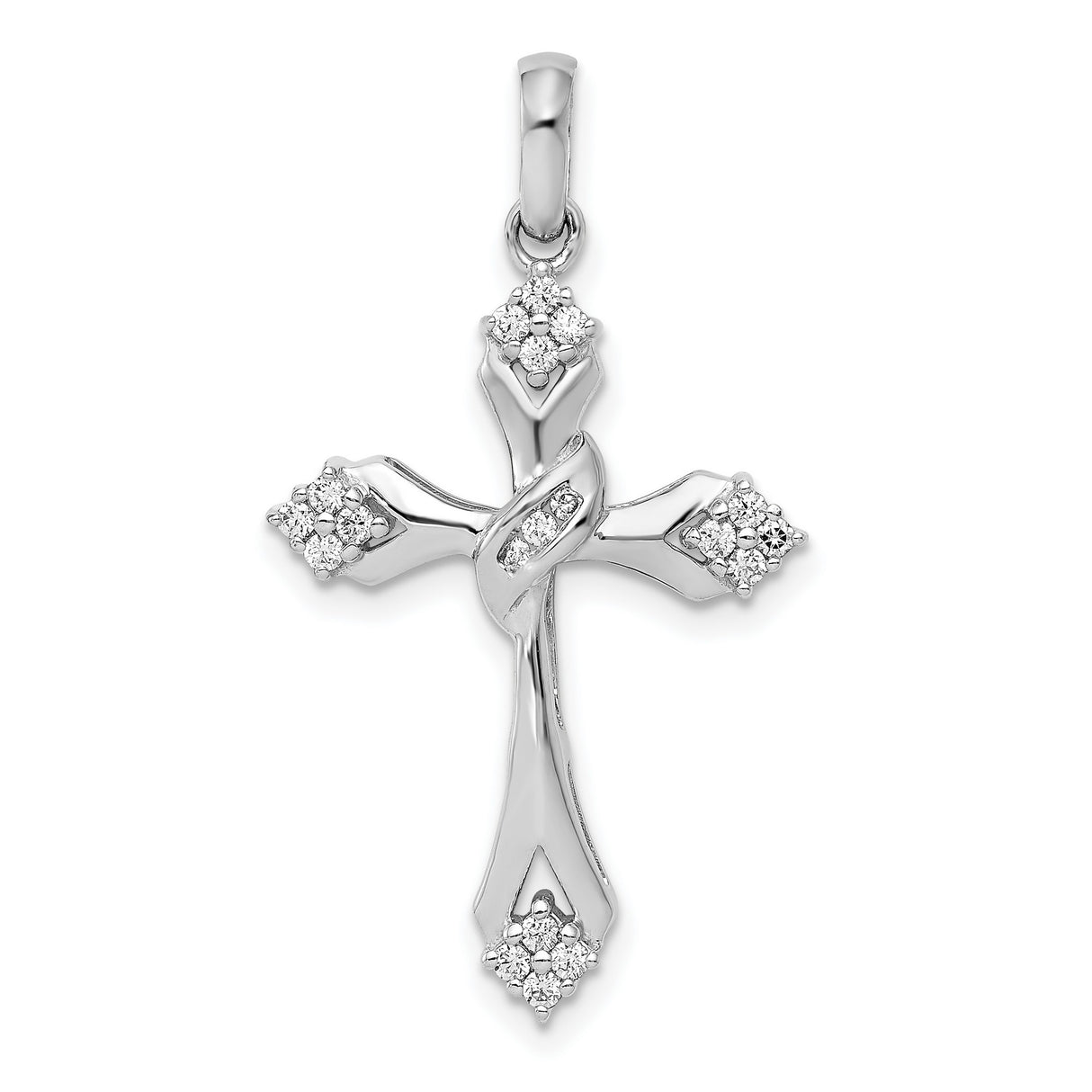 14k White Gold Cross Pendant with Diamond Accents, Twisted Center, Floral Style