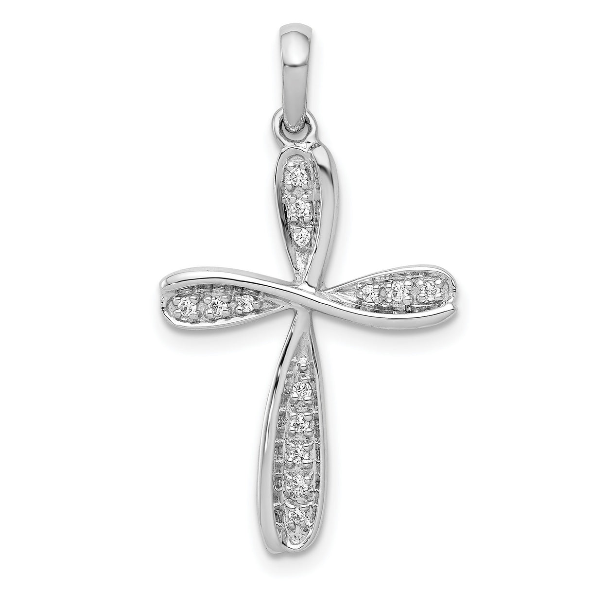 14k White Gold Diamond Cross Pendant, Curved Pavé Religious Charm for Men and Women