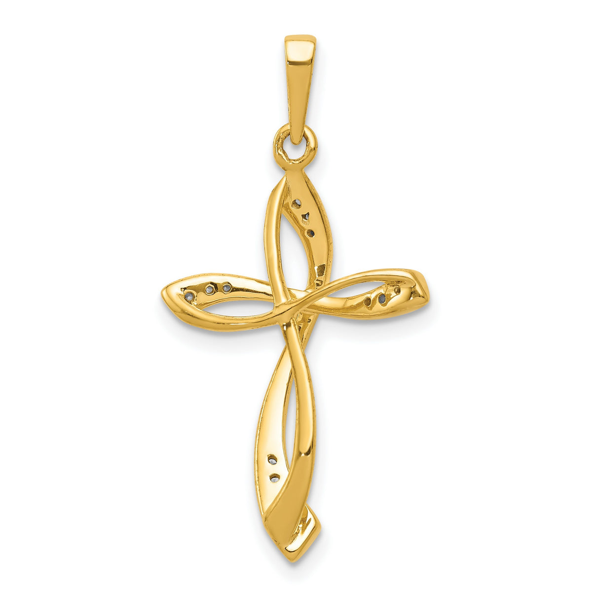 10k Yellow Gold Diamond Cross Pendant, Modern Twist Ribbon Design, Unisex Religious Jewelry
