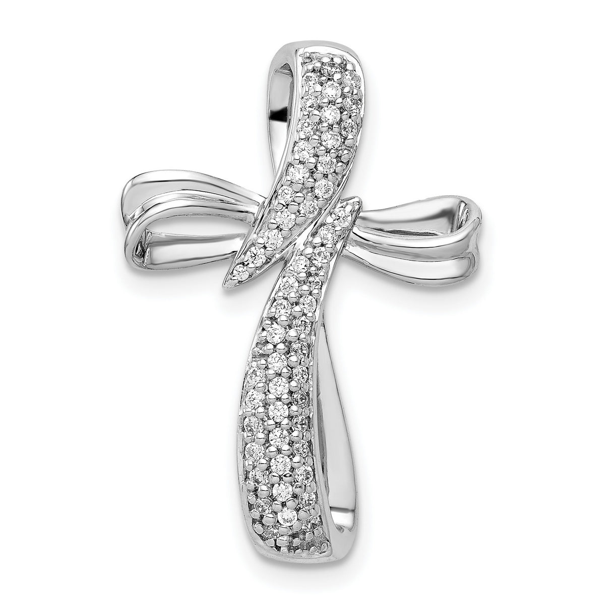 14k White Gold Diamond Cross Pendant with Pave Setting, Polished Finish, Contemporary Style