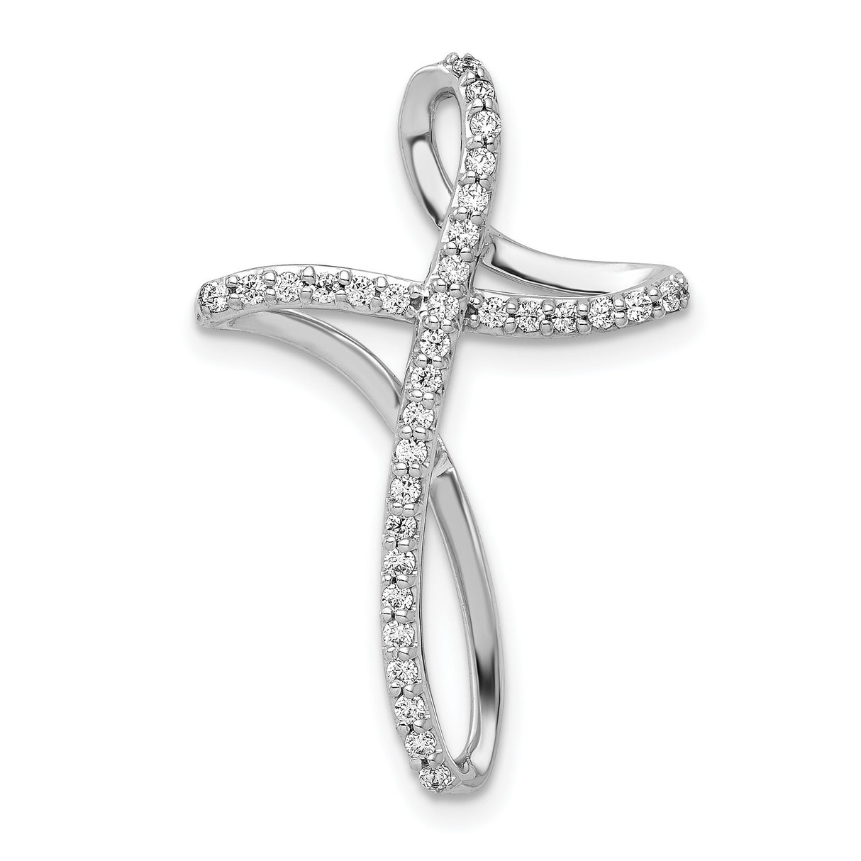 14k White Gold Asymmetrical Diamond Cross Pendant with Curved Slide Design