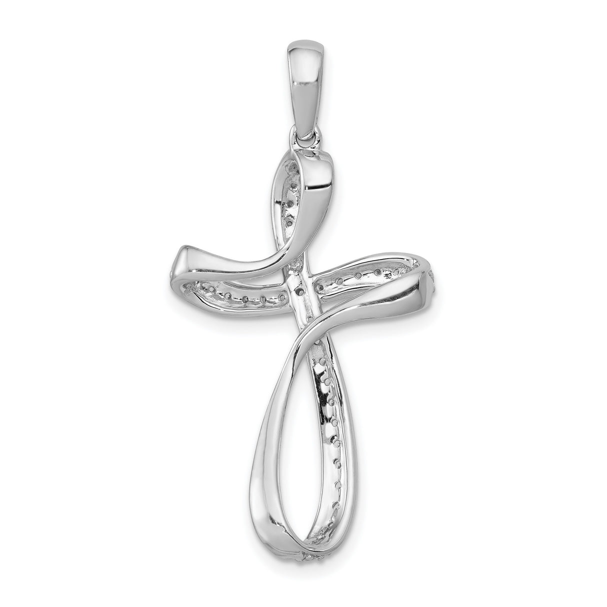14k White Gold Diamond Cross Pendant with Twisted Design and Polished Finish