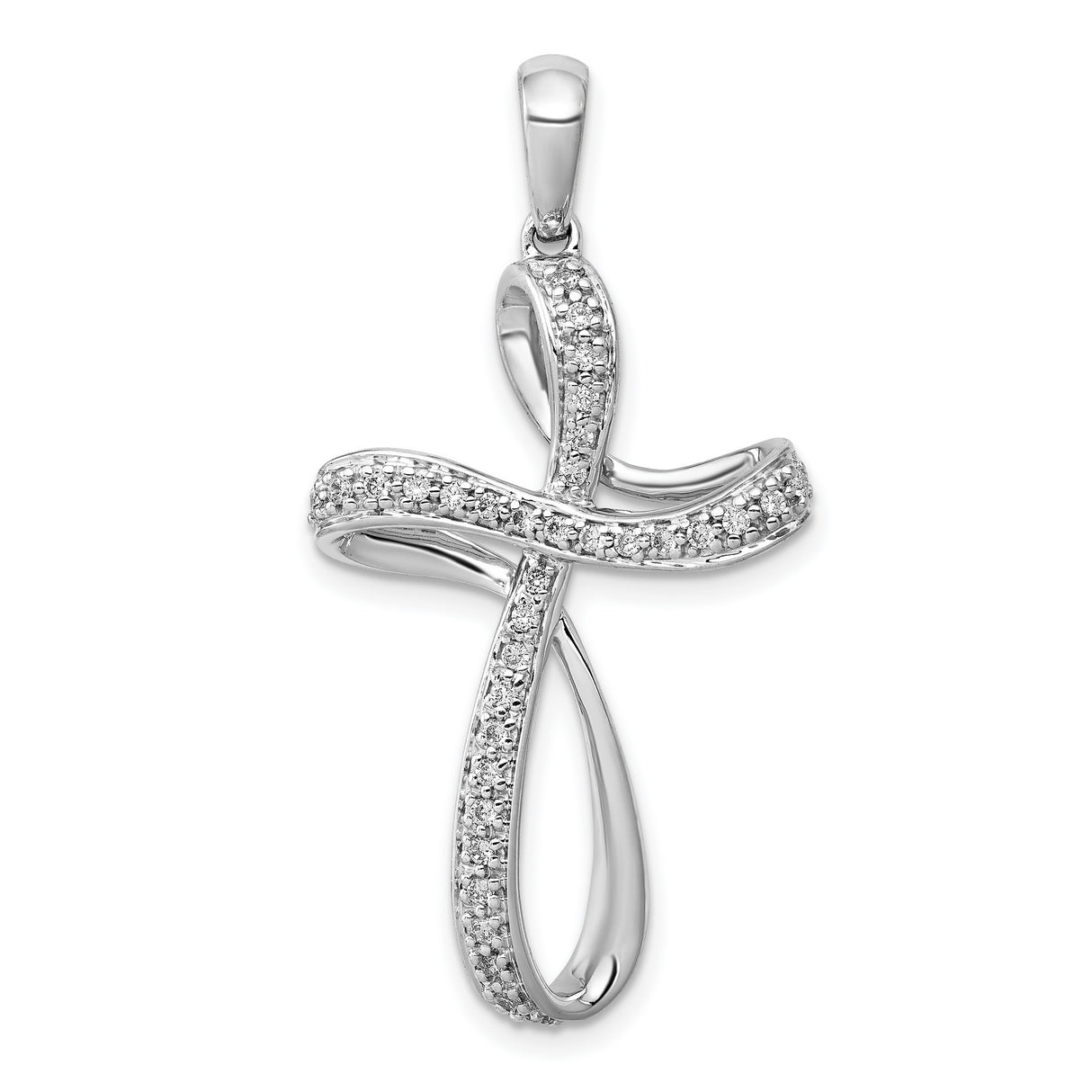 14k White Gold Diamond Cross Pendant with Twisted Design and Polished Finish
