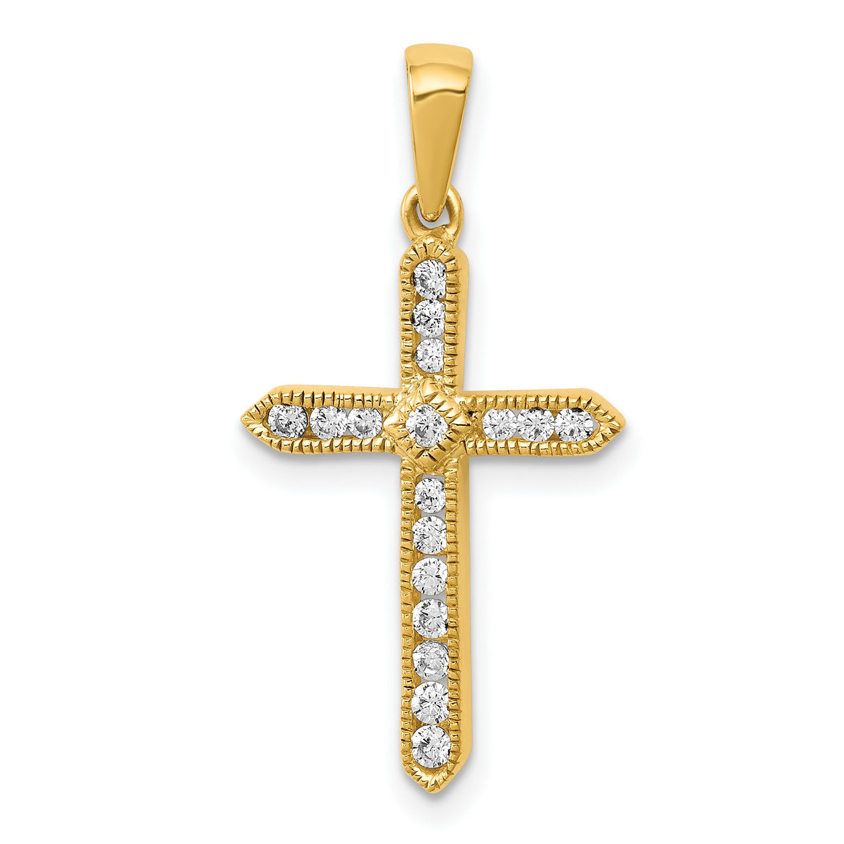 14k Yellow Gold Diamond Cross Pendant with Milgrain Design, Polished Religious Charm