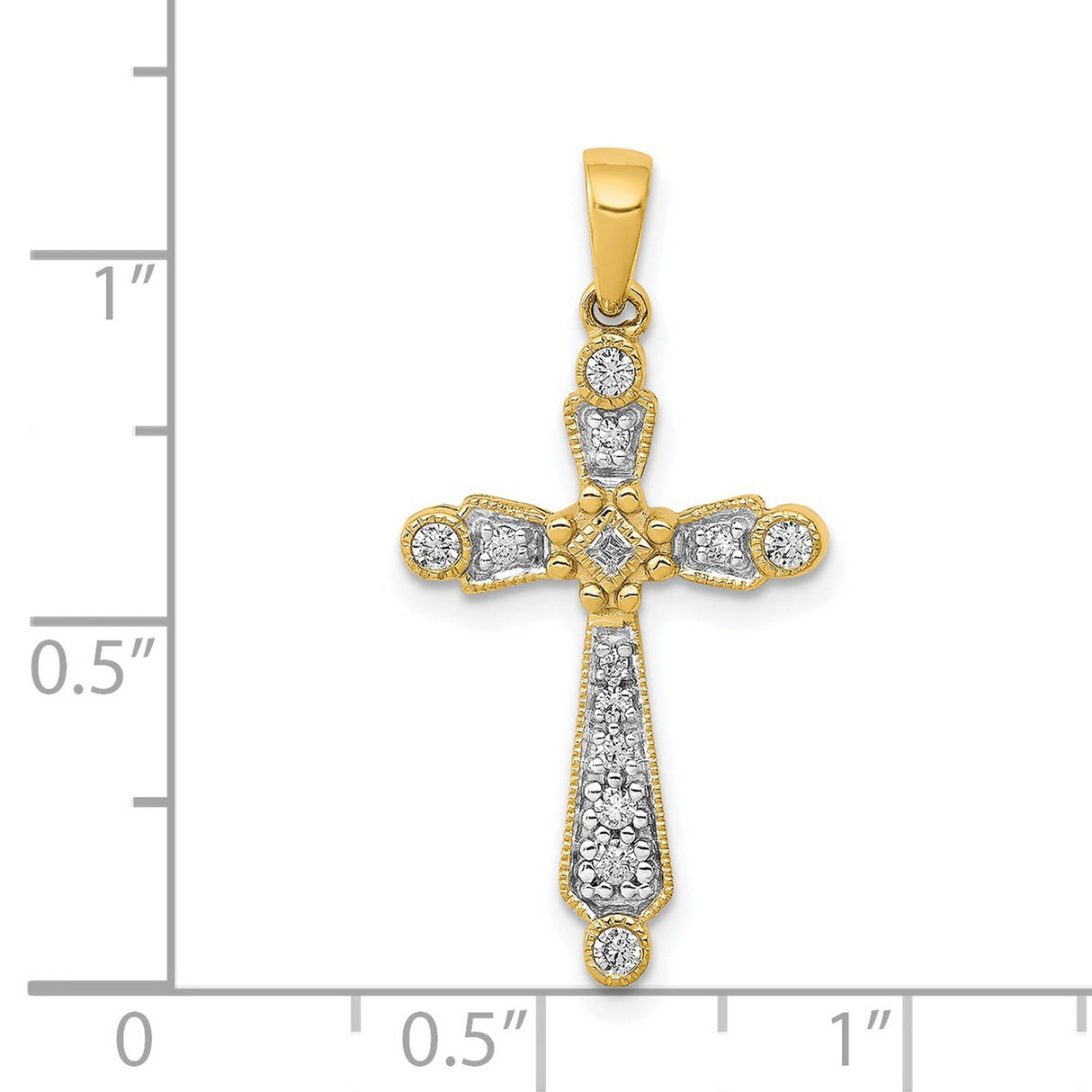 14k Yellow Gold Cross Pendant with Diamond Accent, Filigree Vintage Style Religious Charm