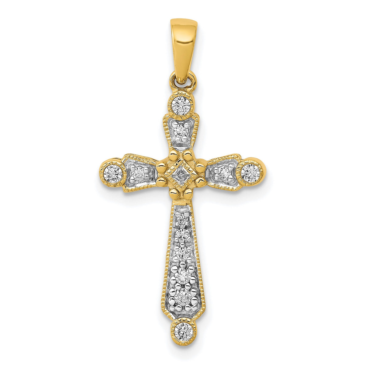 14k Yellow Gold Cross Pendant with Diamond Accent, Filigree Vintage Style Religious Charm