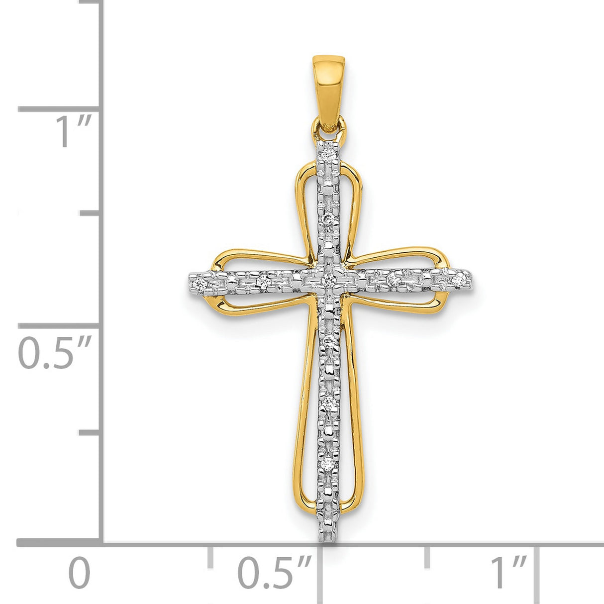 10k Multi-Tone Gold Diamond Cross Pendant with Polished Finish Curved Silhouette