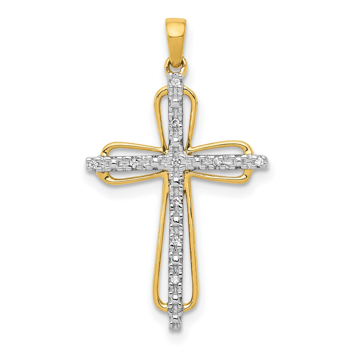 10k Multi-Tone Gold Diamond Cross Pendant with Polished Finish Curved Silhouette