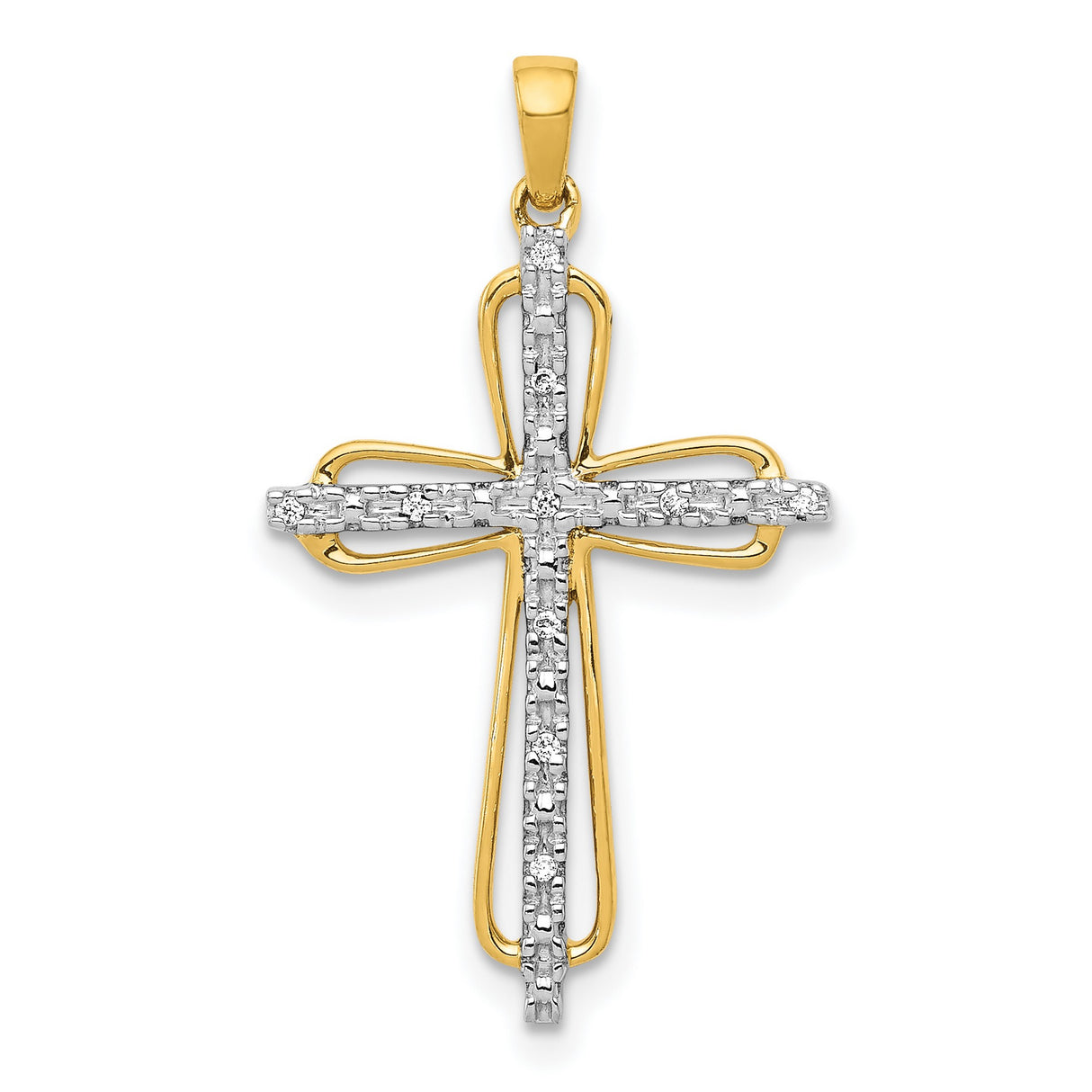 14k Two-Tone Gold Cross Pendant with Diamond Accent, Open Design Religious Charm