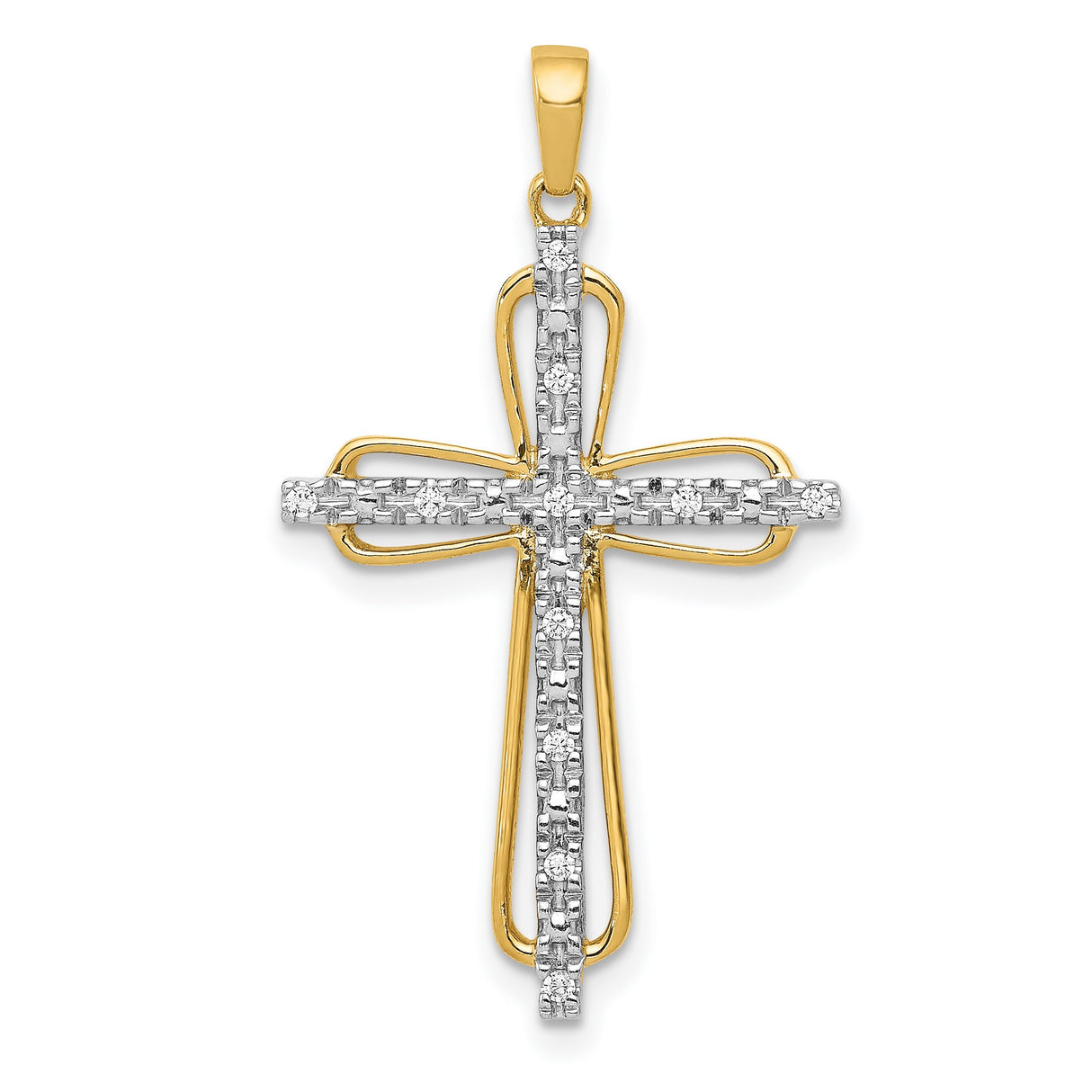 10k Multi-Tone Gold Diamond Cross Pendant with Openwork Detail, Religious Jewelry for Men and Women
