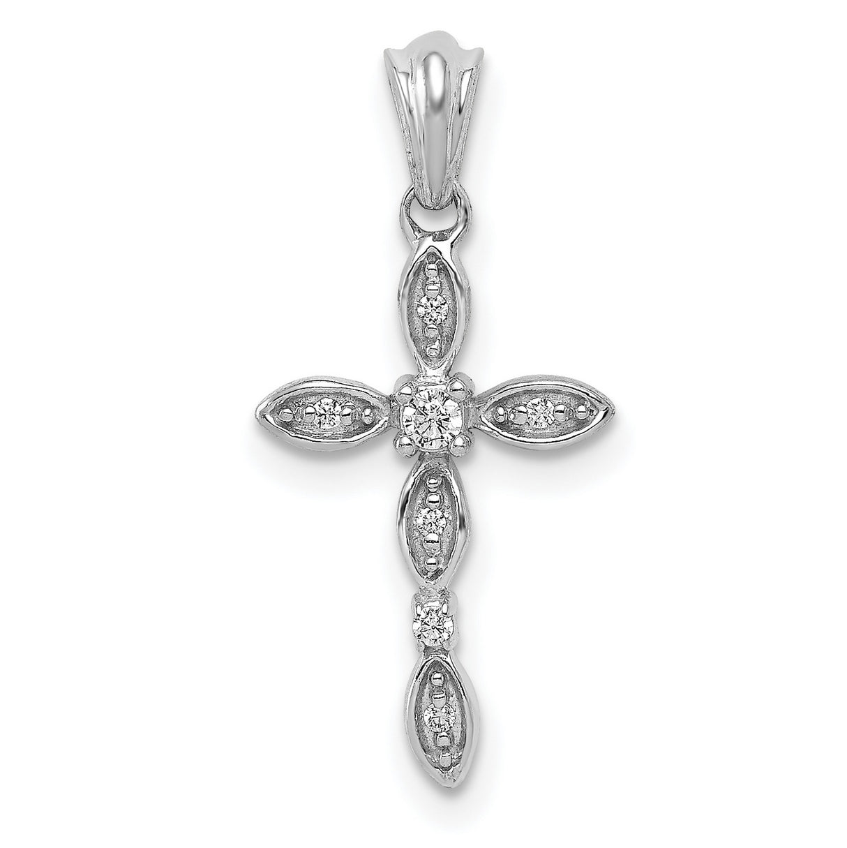 14k White Gold Diamond Cross Pendant with Marquise Charm and Milgrain Detail