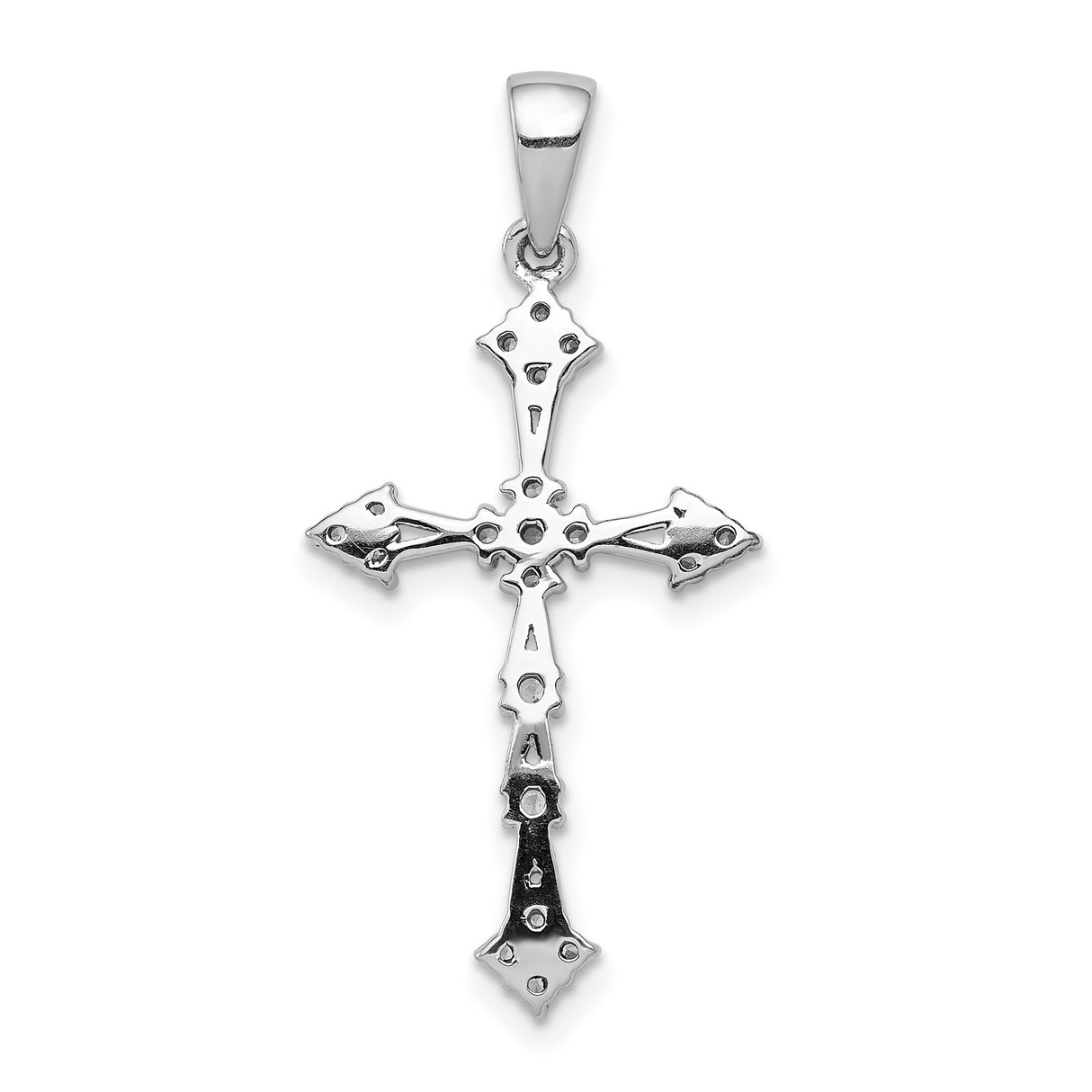 14k White Gold Cross Pendant with Diamond Starburst Center, Modern Tapered Design