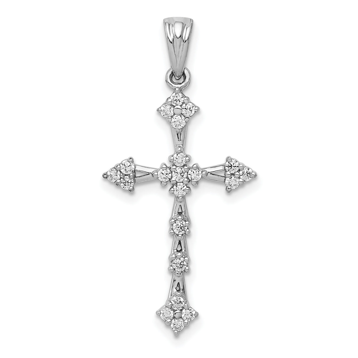 14k White Gold Cross Pendant with Diamond Starburst Center, Modern Tapered Design