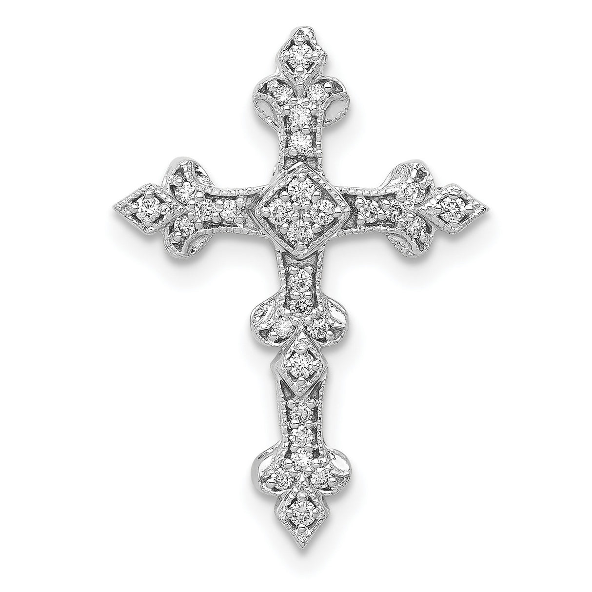 14k White Gold Cross Pendant with Diamond, Gothic Filigree Style for Men and Women
