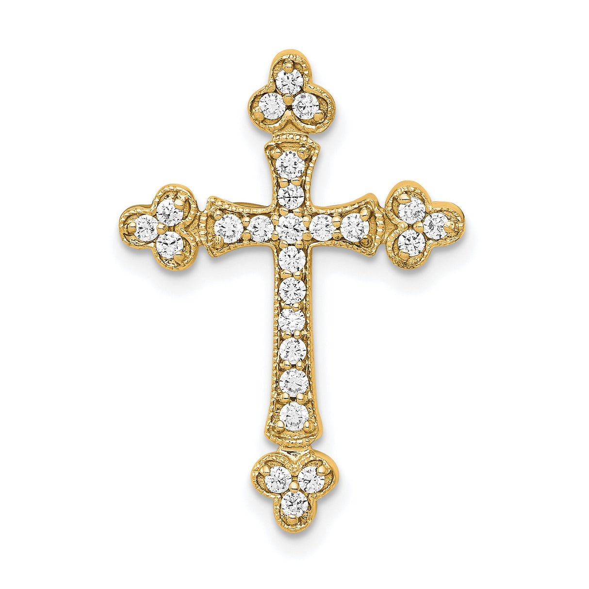14k Yellow Gold Cross Pendant with Diamonds, Milgrain Detail and Trefoil Tips