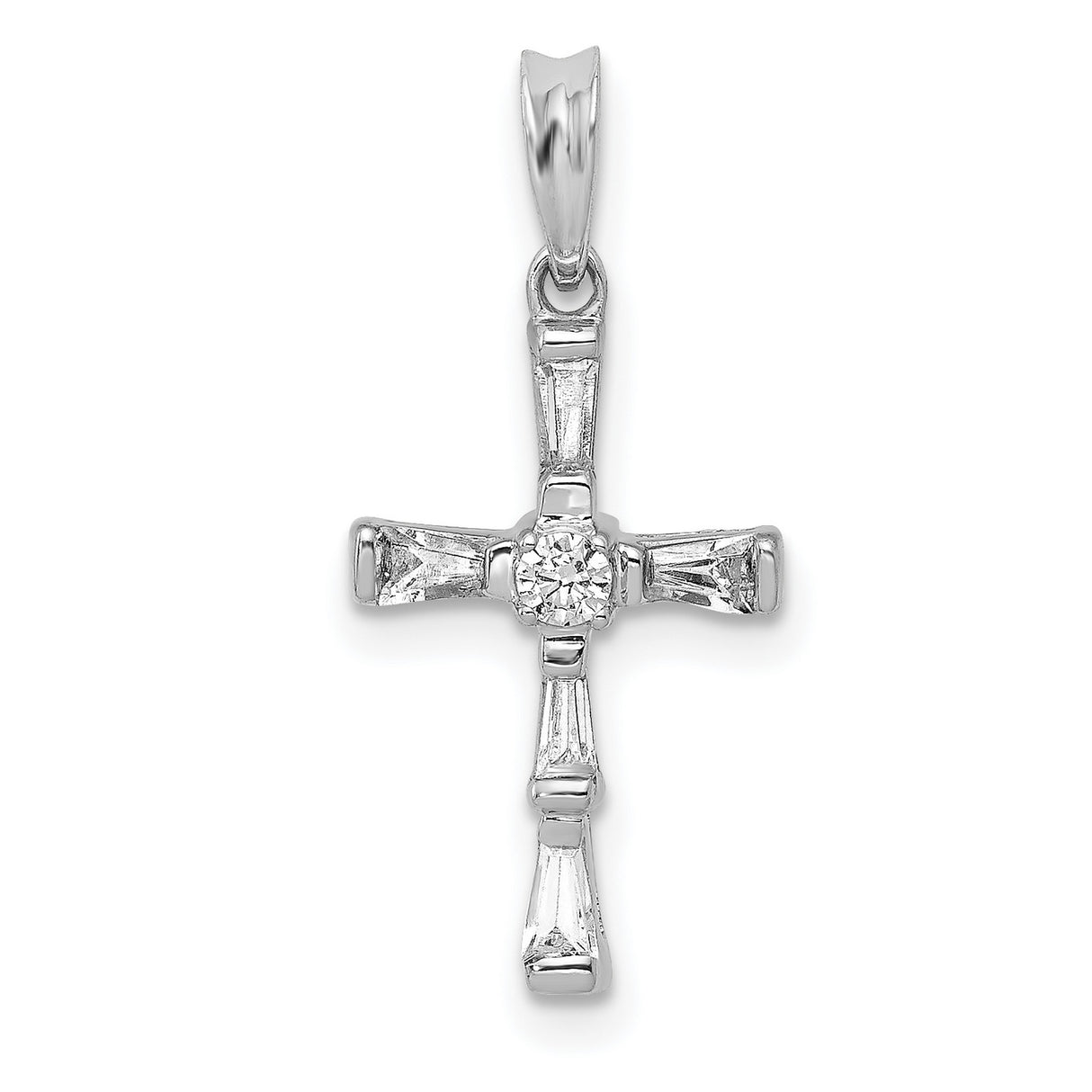 14k White Gold Cross Pendant with Diamond and Baguette Accents, Unisex Religious Charm
