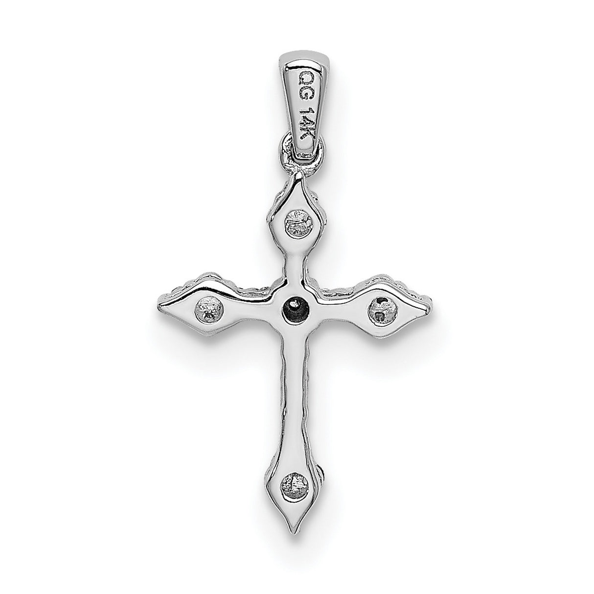 14k White Gold Cross Pendant with Diamond, Fleur de Lis Design, Vintage Spiritual Jewelry