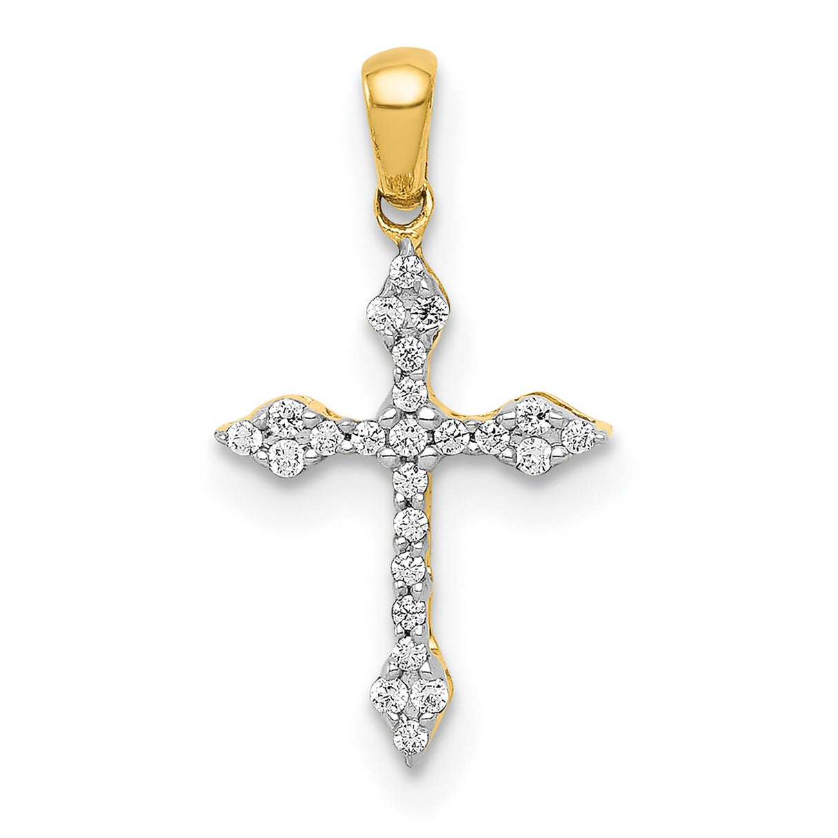 14k Yellow Gold Cross Pendant with Diamond, Flared Edge Design, Religious Jewelry for Men and Women