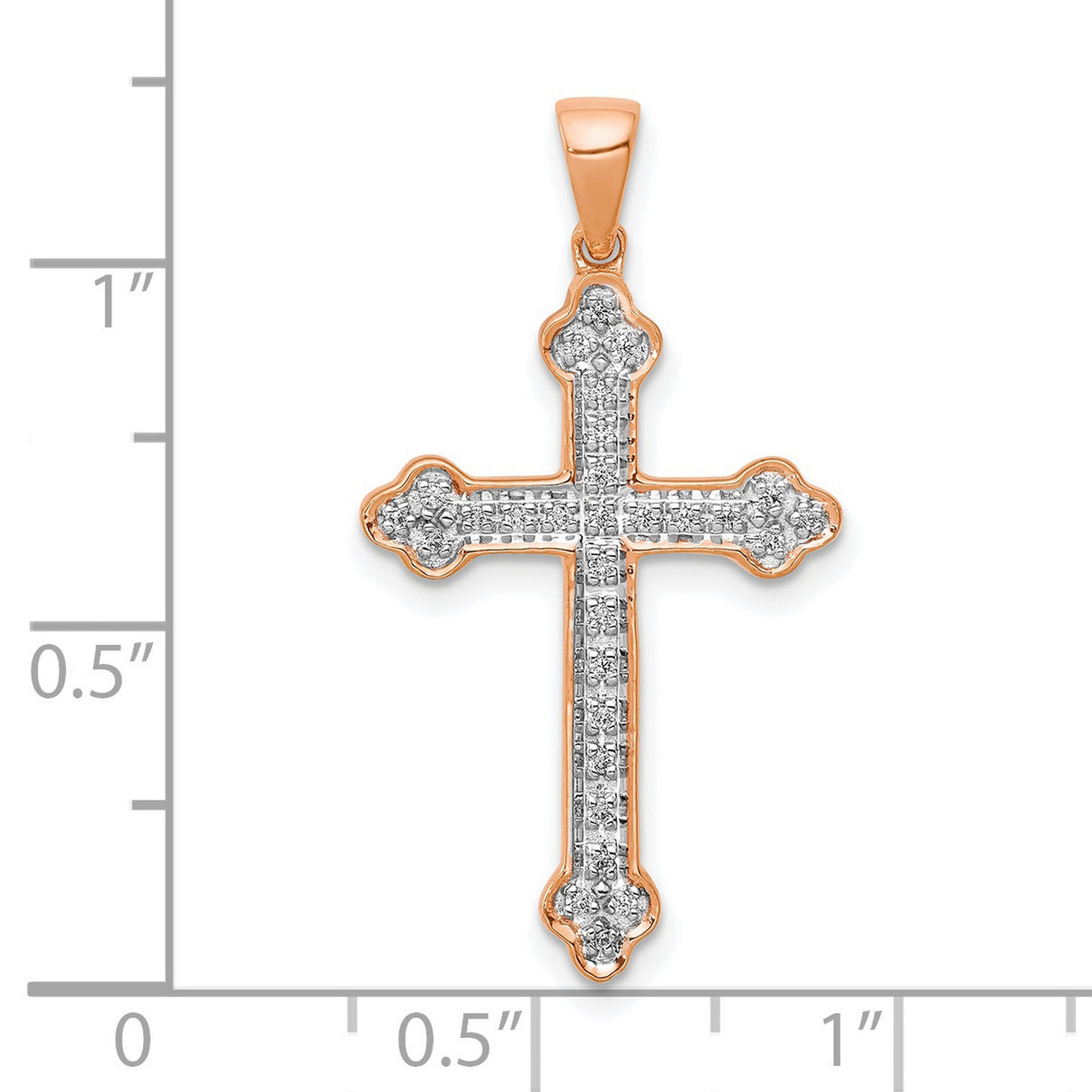 14k Rose Gold Diamond Cross Pendant with Rhodium Finish and Trefoil Curve Design